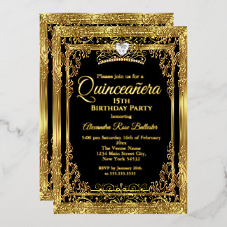 Quinceanera Birthday Gold Black Photo Foil Invitation