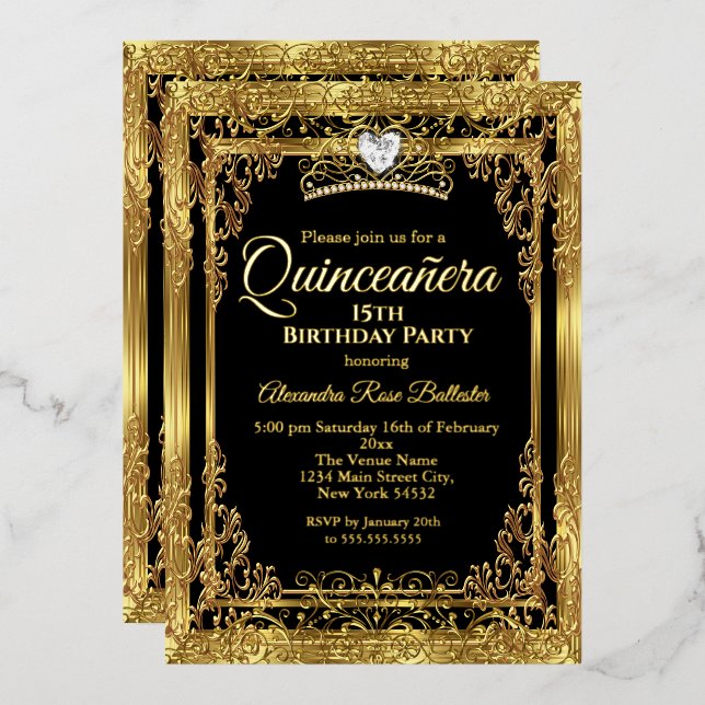 Quinceanera Birthday Gold Black Photo Foil Invitation (Front/Back)
