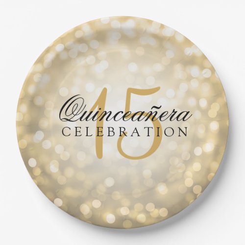 Quinceanera Birthday Gold Bokeh Lights Paper Plates