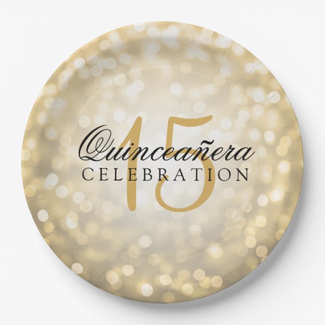 Quinceanera Birthday Gold Bokeh Lights Paper Plates (Front)