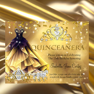Quinceanera Birthday Gold Dress Tiara Carriage b Invitation
