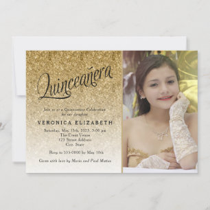 Quinceanera Birthday Gold Glitter Photo Invitation