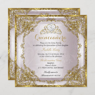 Quinceanera Birthday Gold Pearl Pink Damask Invitation