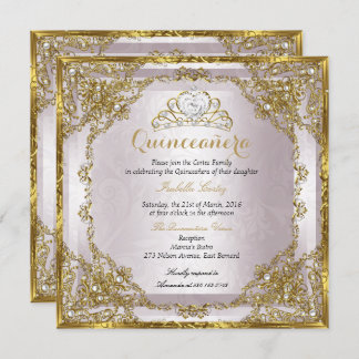 Quinceanera Birthday Gold Pearl Pink Damask Invitation