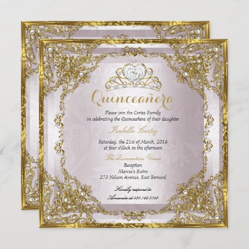 Quinceanera Birthday Gold Pearl Pink Damask Invitation