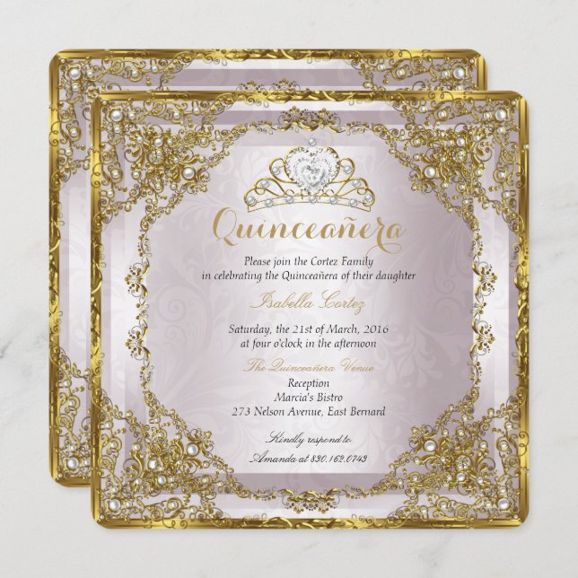 Quinceanera Birthday Gold Pearl Pink Damask Invitation (Front/Back)