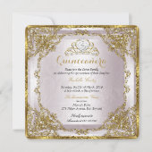 Quinceanera Birthday Gold Pearl Pink Damask Invitation (Front)
