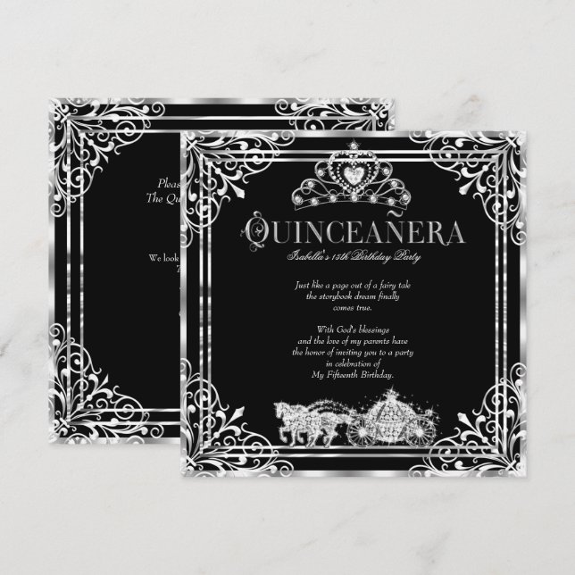 Quinceanera Birthday Horse Carriage Black Silver 2 Invitation (Front/Back)