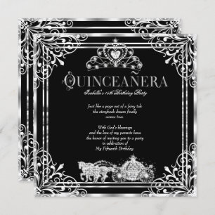 Quinceanera Birthday Horse Carriage Black Silver 2 Invitation