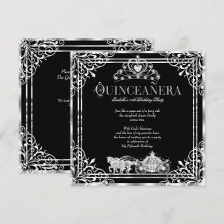 Quinceanera Birthday Horse Carriage Black Silver 2 Invitation