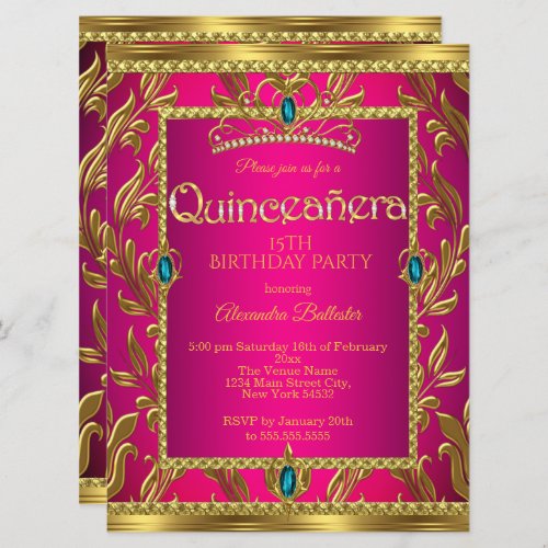 Quinceanera Birthday Hot Pink Teal Blue Tiara Gold Invitation