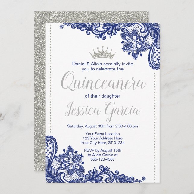 Quinceañera Birthday Invitation | Blue and Silver (Front/Back)