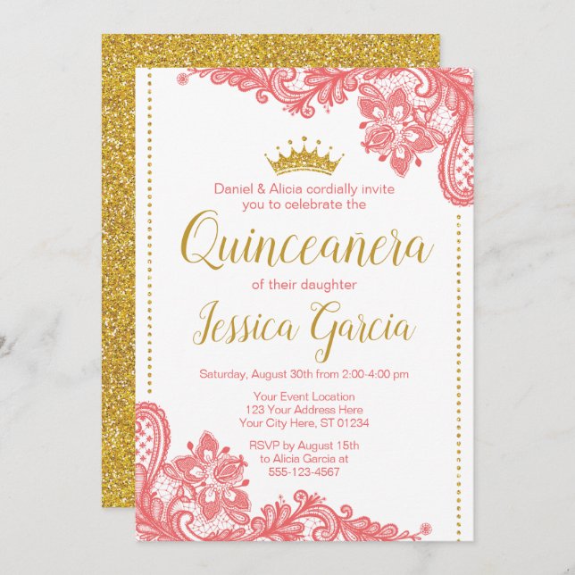 Quinceañera Birthday Invitation | Coral & Gold (Front/Back)