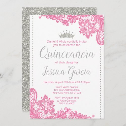 Quinceaera Birthday Invitation  Pink and Silver