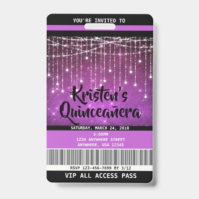 Quinceanera Birthday Invitations, Sweet 16 Invite Badge (Front)