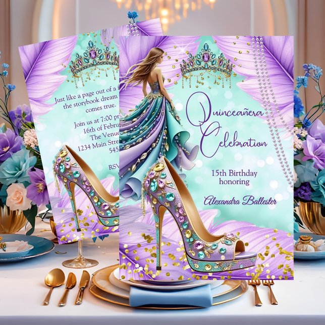 Quinceanera Birthday Lilac Teal Tiara Gold Heel Invitation (Creator Uploaded)