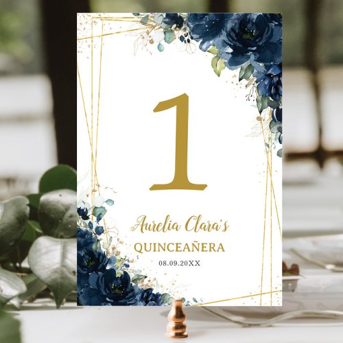 Quinceaera Birthday Navy Blue Floral Gold  Table Number