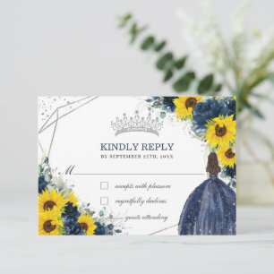 Quinceañera Birthday Navy Blue Sunflower Floral RSVP Card