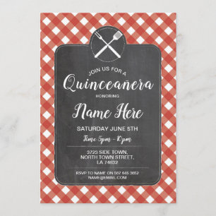 Quinceañera Birthday Party BBQ Red Gingham Chalk Invitation