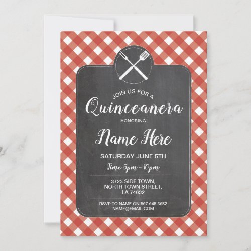 Quinceaera Birthday Party BBQ Red Gingham Chalk Invitation