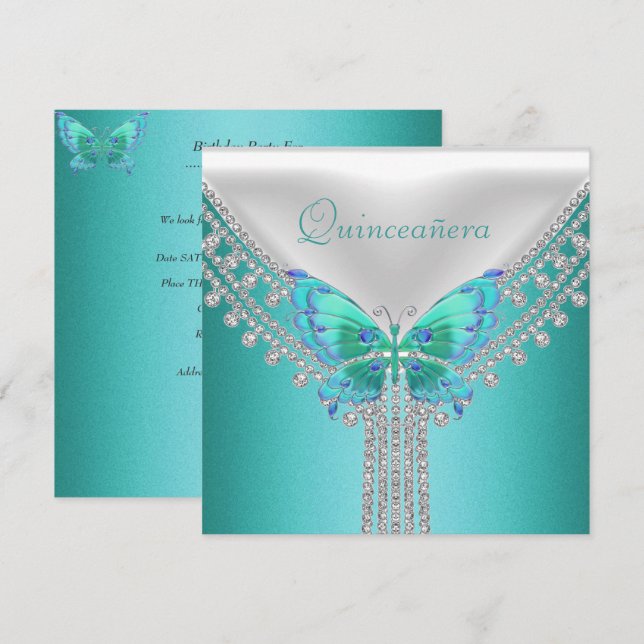 Quinceañera Birthday Party Blue White Butterfly Invitation (Front/Back)