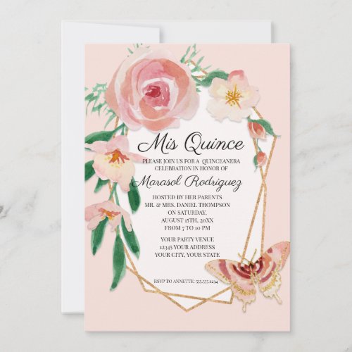 Quinceanera Birthday Party Blush Watercolor Roses Invitation