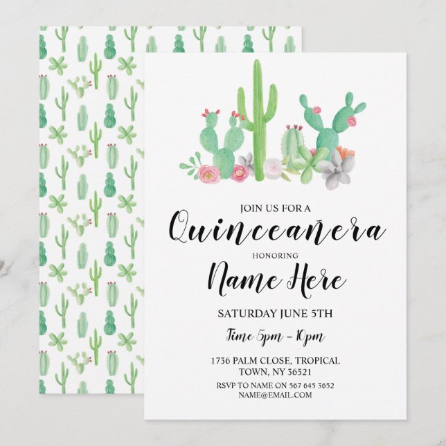 Quinceañera Birthday Party Cactus Cacti Invite (Front/Back)