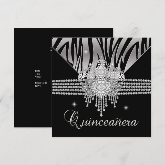 Quinceanera Birthday Party Diamond Black Zebra Invitation (Front/Back)