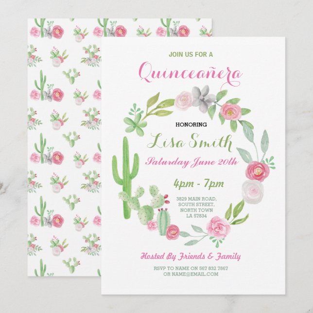 Quinceanera Birthday Party Fiesta Cactus Invite 15 (Front/Back)