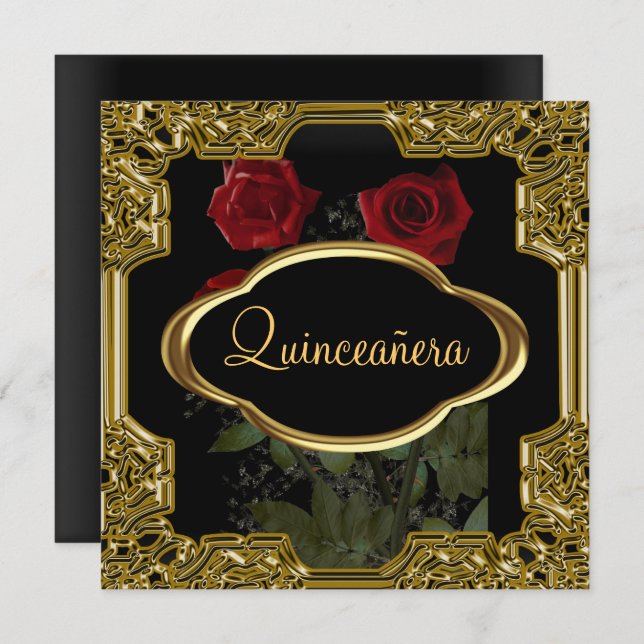Quinceanera Birthday Party  Gold Black Invitation (Front/Back)