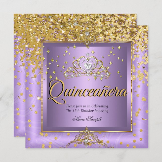 Quinceanera Birthday Party Gold Lavender Purple Invitation (Front/Back)