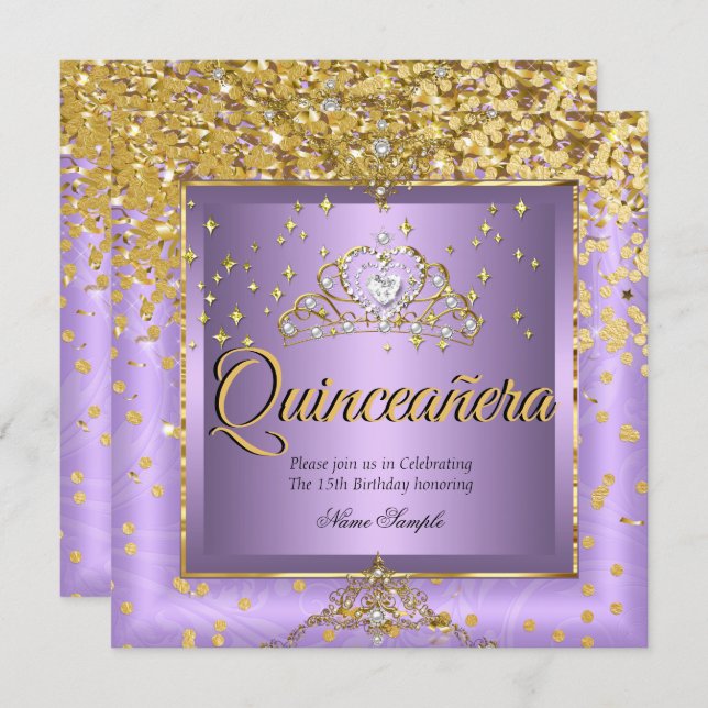 Quinceanera Birthday Party Gold Lavender Purple Invitation (Front/Back)