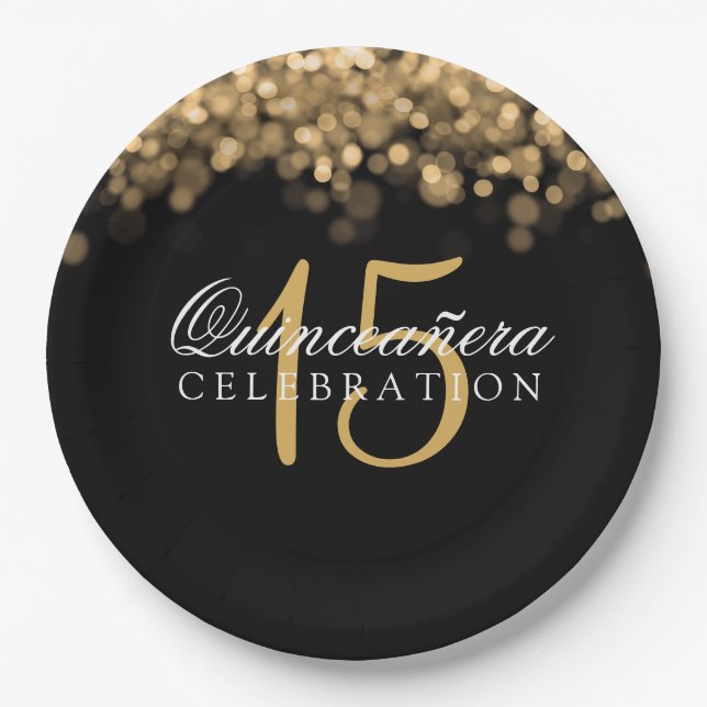 Quinceanera Birthday Party Gold Lights Paper Plates (Front)