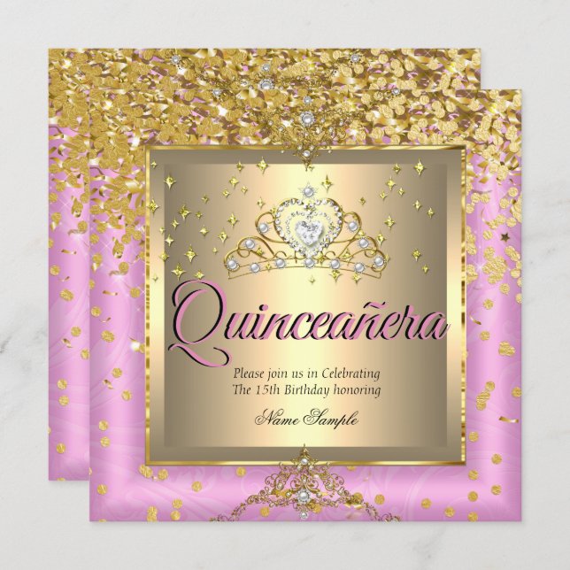 Quinceanera Birthday Party Gold Pink Invitation (Front/Back)