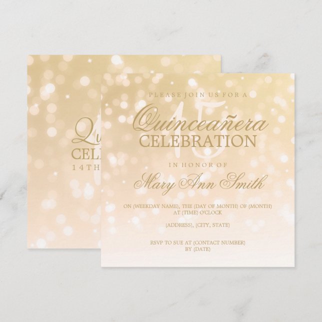 Quinceanera Birthday Party Gold Sparkle Lights Invitation (Front/Back)