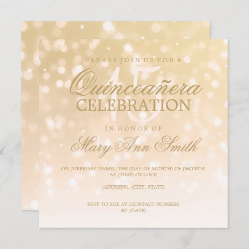 Quinceanera Birthday Party Gold Sparkle Lights Invitation
