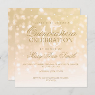 Quinceanera Birthday Party Gold Sparkle Lights Invitation