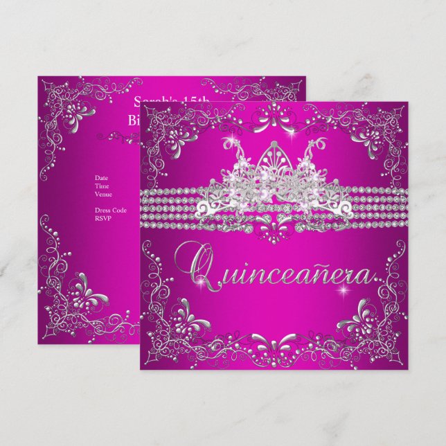 Quinceanera Birthday Party Hot Pink Silver Tiara Invitation (Front/Back)