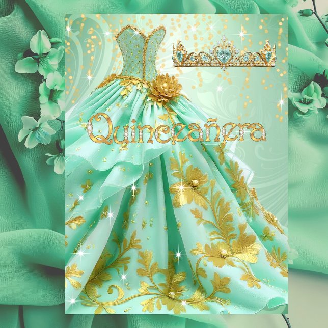 Quinceanera Birthday Party Mint Green Gold Dress Invitation (Creator Uploaded)