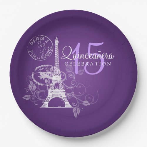 Quinceanera Birthday Party Paris Purple Paper Plates