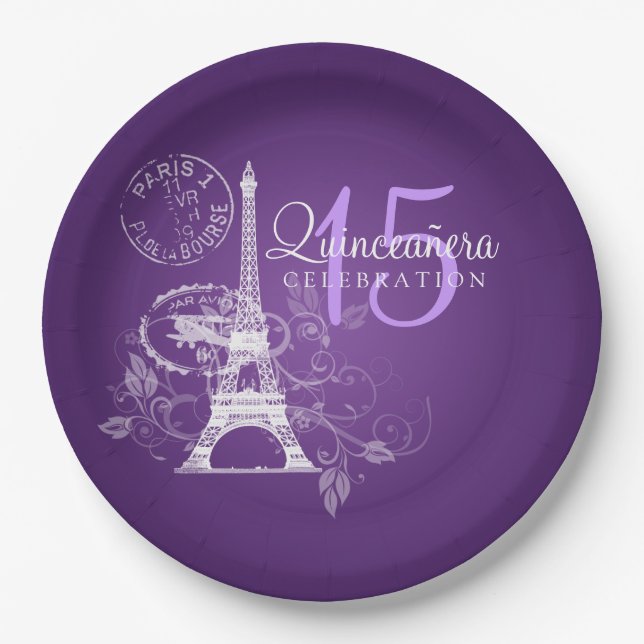Quinceanera Birthday Party Paris Purple Paper Plates (Front)