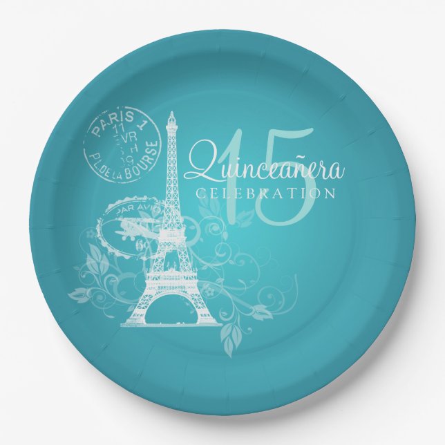 Quinceanera Birthday Party Paris Turquoise Paper Plates (Front)