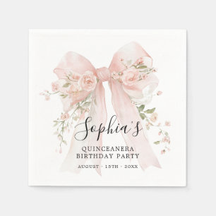 Quinceanera Birthday Party Pink Bow Roses Cocktail Napkins