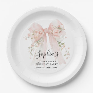 Quinceanera Birthday Party Pink Bow Roses Cocktail Paper Plates