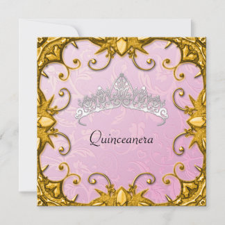Quinceanera Birthday Party Pink Gold White Tiara Invitation