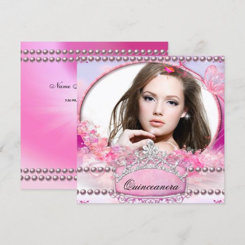 Quinceanera Birthday Party Pink White Floral Photo Custom Announcements