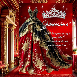 Quinceanera Birthday Party Red Gold Black Dress Invitation