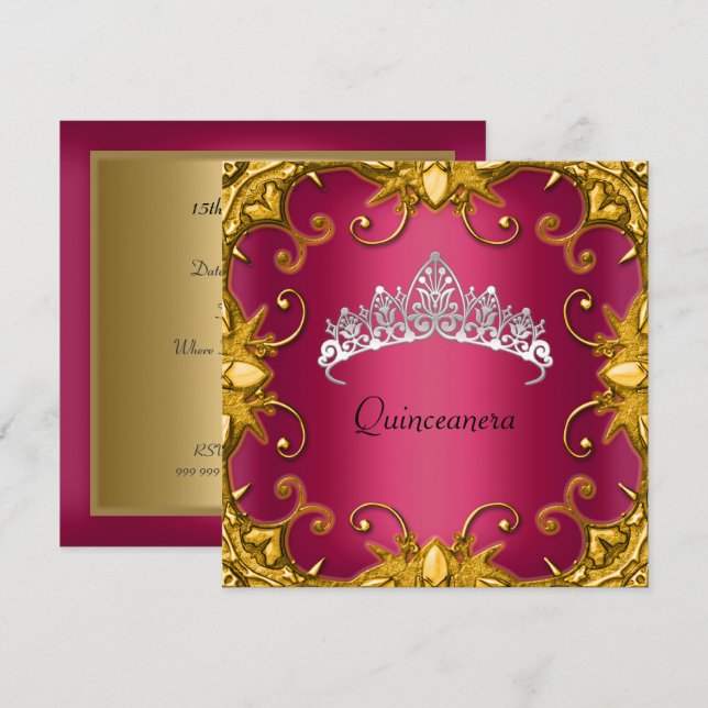 Quinceanera Birthday Party Red Gold White Tiara Invitation (Front/Back)