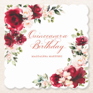 Quinceanera Birthday Party Red Pink Floral Custom Paper Coaster