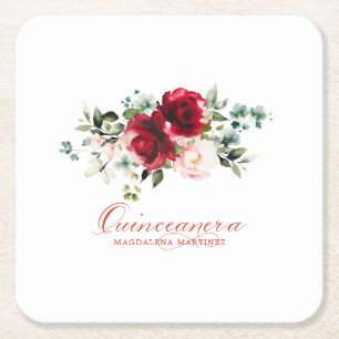 Quinceanera Birthday Party Red Pink Floral Custom Square Paper Coaster